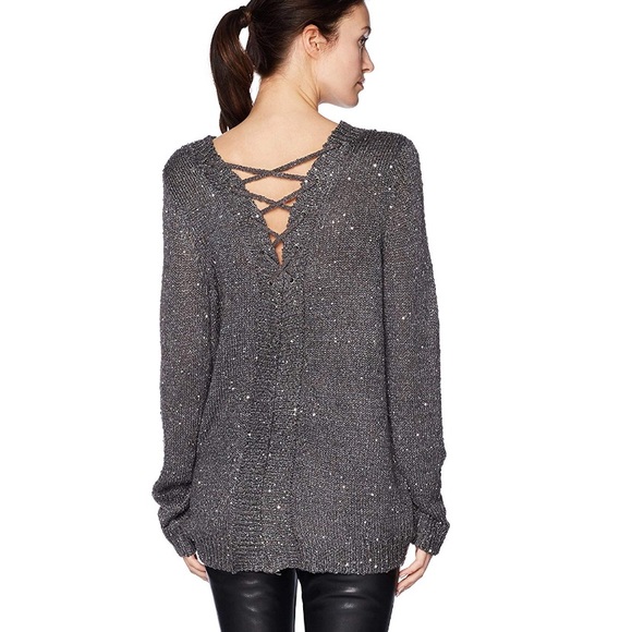 WORN ONCE GREY sequin sweater w/crisscross details - Picture 3 of 5